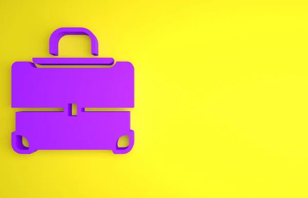 黄色の背景に分離された紫のブリーフケースアイコン ビジネスケースのサインだ 事業ポートフォリオ 最小限の概念 3Dレンダリング図 — ストック写真