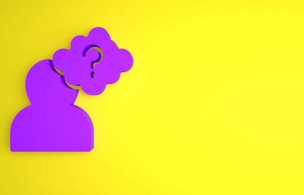 紫色人头 带有黄色背景上孤立的问号图标 最低纲领的概念 3D渲染说明 — 图库照片