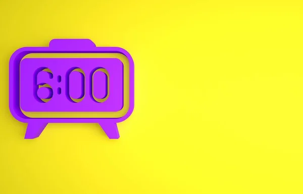 黄色の背景に隔離された紫色のデジタル目覚まし時計アイコン 電子時計の目覚まし時計 タイムアイコン 最小限の概念 3Dレンダリング図 — ストック写真