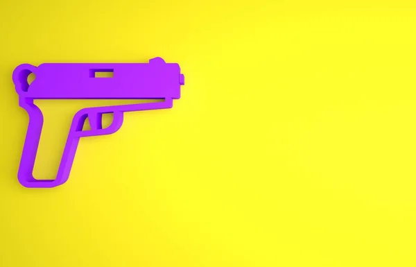 黄色の背景に分離された紫のピストルまたは銃アイコン 警察や軍の拳銃 小火器だ 最小限の概念 3Dレンダリング図 — ストック写真
