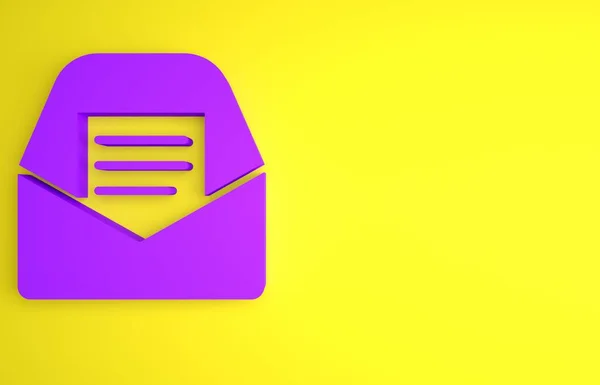 Purple Mail and e-mail icon isolated on yellow background. Envelope symbol e-mail. Email message sign. Minimalism concept. 3D render illustration.