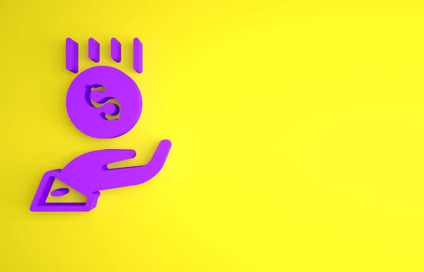 Фіолетові Монети Руках Піктограма Мінімальної Заробітної Плати Ізольована Жовтому Тлі — стокове фото