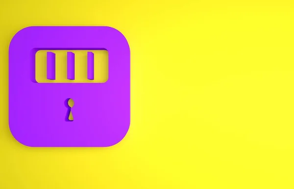 Purple Prison cell door with grill window icon isolated on yellow background. Minimalism concept. 3D render illustration.