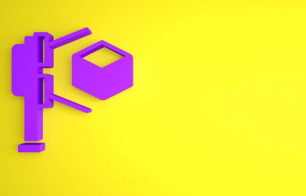 黄色の背景に独立したキューブ投影アイコンを持つ紫の3Dスキャナ 最小限の概念 3Dレンダリング図 — ストック写真