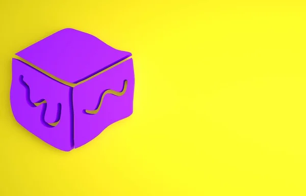 黄色の背景に分離された紫色のアイソメトリックキューブアイコン 幾何学的立方体固体アイコン 3D正方形の看板 箱のシンボル 最小限の概念 3Dレンダリング図 — ストック写真