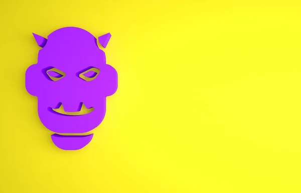 Purpurowa Maska Diabła Ikoną Rogów Odizolowana Żółtym Tle Koncepcja Minimalizmu — Zdjęcie stockowe