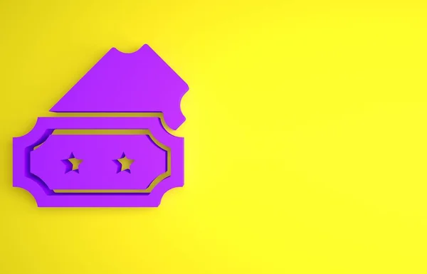 黄色の背景に分離された紫のチケットアイコン 遊園地 最小限の概念 3Dレンダリング図 — ストック写真