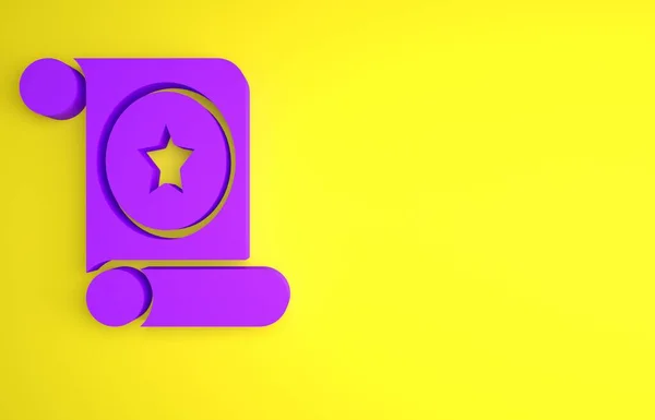 黄色の背景に隔離された紫の魔法のスクロールアイコン 羊皮紙 スクロールアイコン 最小限の概念 3Dレンダリング図 — ストック写真