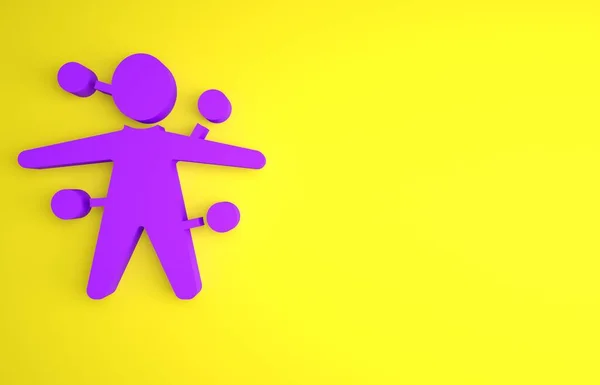 紫色的伏都娃娃图标孤立在黄色的背景 最低纲领的概念 3D渲染说明 — 图库照片