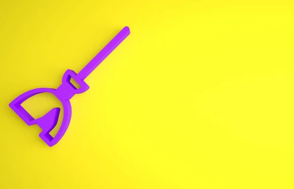 黄色の背景に分離紫の魔女ほうきアイコン ハッピーハロウィンパーティー 最小限の概念 3Dレンダリング図 — ストック写真