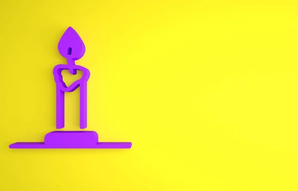 Purple Burning candle in candlestick icon isolated on yellow background. Cylindrical candle stick with burning flame. Minimalism concept. 3D render illustration.