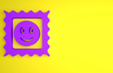 Sarı arkaplanda mor LSD asit izi simgesi var. Asit narkotiği. Posta damgası. Posta pulu. Sağlık tehlikesi. Minimalizm kavramı. 3 Boyutlu resimleme.