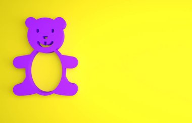 Mor ayıcık peluş oyuncak ikonu sarı arka planda izole edilmiş. Minimalizm kavramı. 3 Boyutlu resimleme.