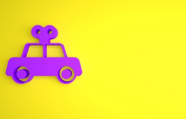 Sarı arka planda Mor Oyuncak araba simgesi izole edildi. Minimalizm kavramı. 3 Boyutlu resimleme.