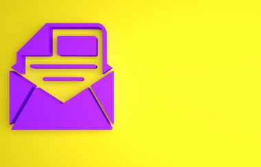 Sarı arkaplanda mor posta ve e-posta simgesi izole edildi. Zarf sembolü e-postası. E- posta kodu. Minimalizm kavramı. 3 Boyutlu resimleme.