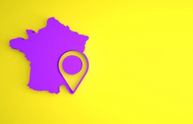 Fransa 'nın Mor Haritası simgesi sarı arkaplanda izole edildi. Minimalizm kavramı. 3 Boyutlu resimleme.