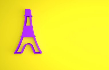 Sarı arka planda Mor Eyfel kulesi simgesi izole edildi. Fransa Paris simgesi. Minimalizm kavramı. 3 Boyutlu resimleme.