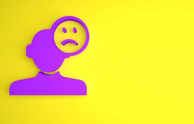 Mor üzgün ve depresif bir adam, kötü ruh hali ikonu sarı arka planda izole edilmiş. Minimalizm kavramı. 3 Boyutlu resimleme.