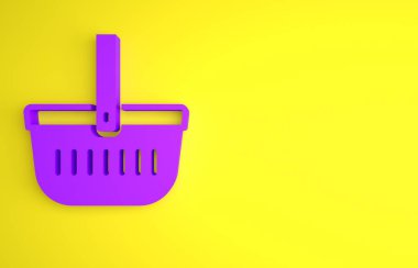 Sarı arka planda izole edilmiş mor piknik sepeti simgesi. Minimalizm kavramı. 3 Boyutlu resimleme.