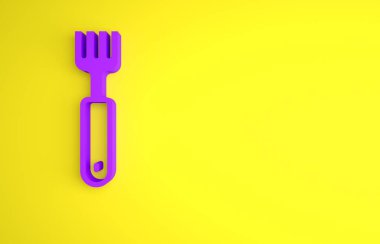 Sarı arka planda Mor Çatal simgesi izole edildi. Çatal bıçak sembolü. Minimalizm kavramı. 3 Boyutlu resimleme.