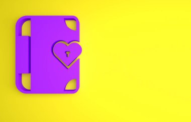 Purple Love günlük defteri albüm simgesi sarı arkaplanda izole edildi. Sevgililer günün kutlu olsun. Minimalizm kavramı. 3 Boyutlu resimleme.