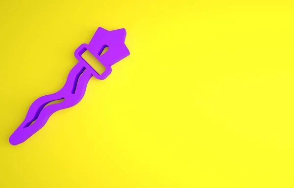紫色のマジックスタッフアイコン黄色の背景に隔離されました 魔法の杖 最小限の概念 3Dレンダリング図 — ストック写真