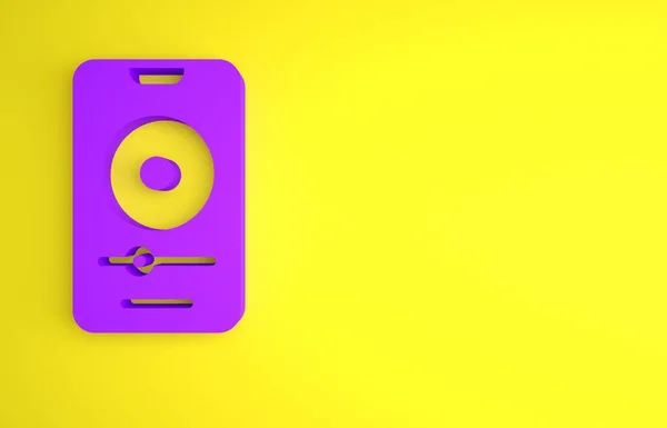 黄色の背景に隔離された紫の音楽プレーヤーアイコン ポータブル音楽機器 最小限の概念 3Dレンダリング図 — ストック写真