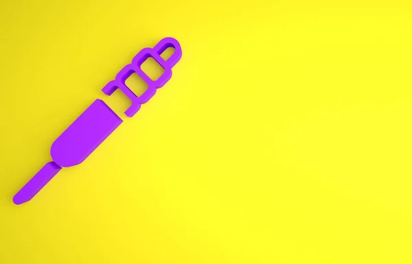 黄色の背景に分離された紫のオーディオジャックアイコン 接続サウンド機器用オーディオケーブル プラグワイヤー 最小限の概念 3Dレンダリング図 — ストック写真