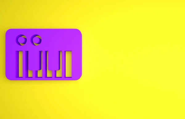 紫色音乐合成器图标孤立在黄色背景 电子钢琴最低纲领的概念 3D渲染说明 — 图库照片