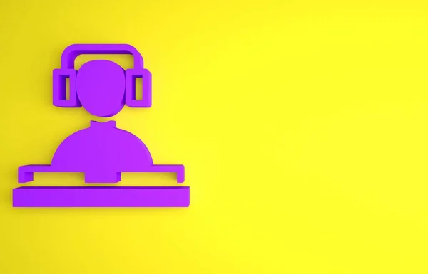 Lila Mit Kopfhörern Vor Plattendecks Ikone Isoliert Auf Gelbem Hintergrund — Stockfoto