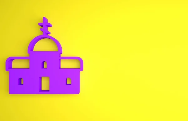 Purple Church building icon isolated on yellow background. Christian Church. Religion of church. Minimalism concept. 3D render illustration.