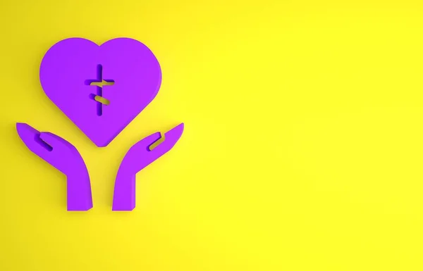 Purple Religious cross in the heart inside icon isolated on yellow background. Love of God, Catholic and Christian symbol. People pray. Minimalism concept. 3D render illustration.