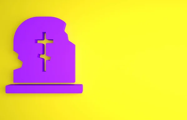 紫色墓碑与墓碑图标隔离在黄色背景 最低纲领的概念 3D渲染说明 — 图库照片