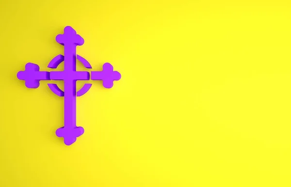 Purple Christian cross icon isolated on yellow background. Church cross. Minimalism concept. 3D render illustration.