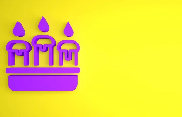 Purple Burning candle in candlestick icon isolated on yellow background. Cylindrical candle stick with burning flame. Minimalism concept. 3D render illustration.