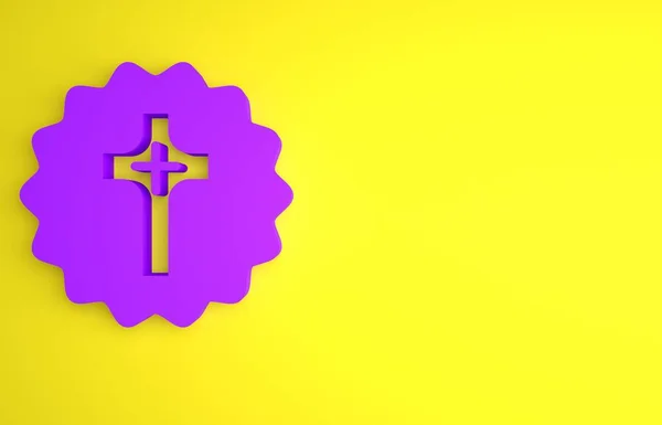노란색 배경에 고립된 보라색 크리스챤 크로스 아이콘 십자가 미니멀리즘의 개념입니다 — 스톡 사진