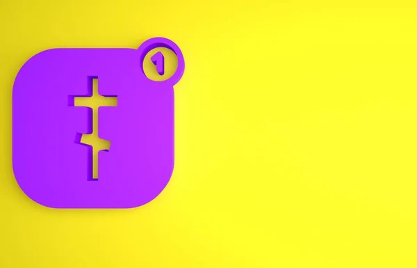 Purple Online church pastor preaching video streaming icon isolated on yellow background. Online church of Jesus Christ. Minimalism concept. 3D render illustration.