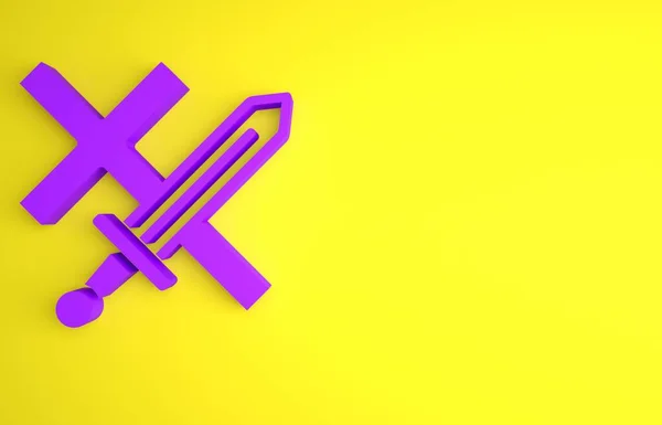 紫色十字军东征图标孤立在黄色背景 最低纲领的概念 3D渲染说明 — 图库照片