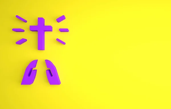 Фиолетовые Руки Молитвенном Положении Значок Изолирован Желтом Фоне Молитва Богу — стоковое фото