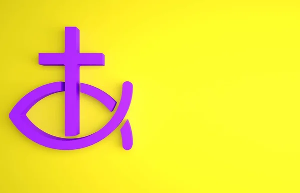 Icono Símbolo Pez Cristiano Púrpura Aislado Sobre Fondo Amarillo Jesús —  Fotos de Stock