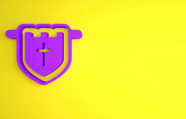黄色の背景にキリスト教の十字のアイコンで紫色の旗 最小限の概念 3Dレンダリング図 — ストック写真