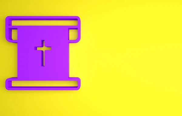 Purple Flag with christian cross icon isolated on yellow background. Minimalism concept. 3D render illustration.