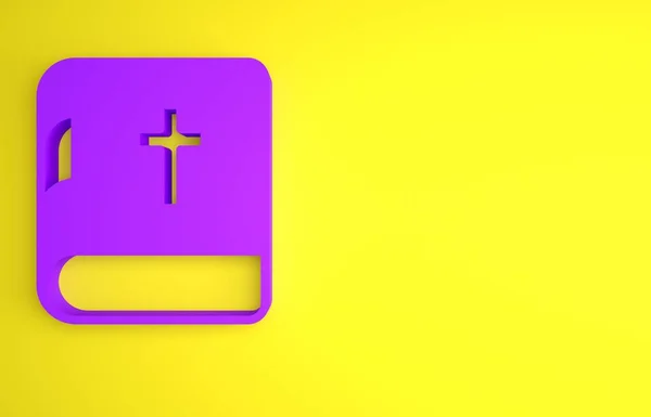 Ikona Fialové Svaté Bible Izolované Žlutém Pozadí Minimalismus Vykreslování — Stock fotografie