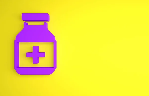 Purple Medicine bottle and pills icon isolated on yellow background. Bottle pill sign. Pharmacy design. Minimalism concept. 3D render illustration.