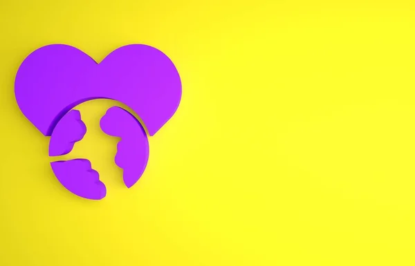 紫色的心的世界 爱情的图标孤立在黄色的背景 最低纲领的概念 3D渲染说明 — 图库照片
