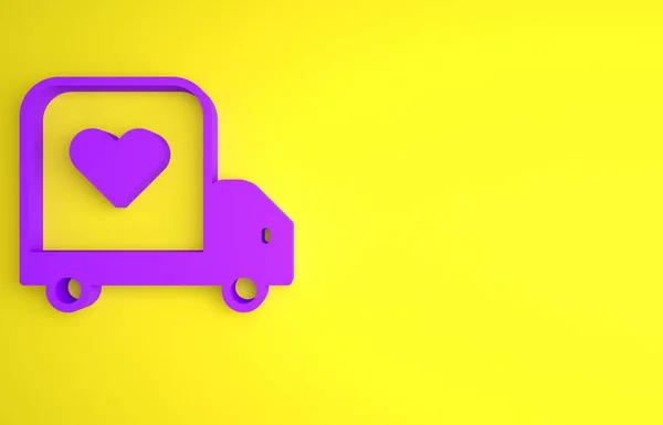 紫色运货卡车与心脏图标隔离黄色背景 爱送货卡车 情人节爱卡车 最低纲领的概念 3D渲染说明 — 图库照片