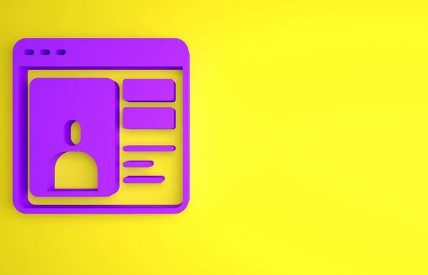 紫の出会い系アプリオンラインノートパソコンのコンセプトアイコンは黄色の背景に隔離されました 女性男性プロファイルフラットデザイン 夫婦関係のために一致する 最小限の概念 3Dレンダリング図 — ストック写真