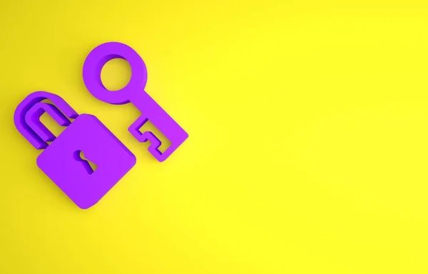 紫色锁 关键图标隔离在黄色背景上 爱的象征和钥匙孔标志 最低纲领的概念 3D渲染说明 — 图库照片