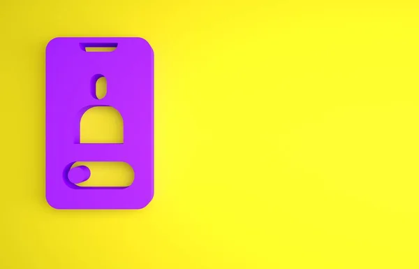 在黄色背景下隔离的手机图标上的紫色传入电话 朋友们打电话来最低纲领的概念 3D渲染说明 — 图库照片