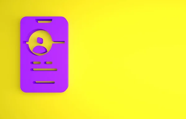 紫の出会い系アプリ黄色の背景に隔離されたオンラインモバイルコンセプトアイコン 女性男性プロファイルフラットデザイン 夫婦関係のために一致する 最小限の概念 3Dレンダリング図 — ストック写真